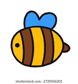 Abeja simple con rayas amarillas y marrones y alas azules, aisladas en blanco. Ideal para pegatinas, etiquetas, proyectos infantiles, marcas, estampados de viveros, naturaleza, polinización y temas de apicultura