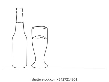 Simple beer bottle and glass continuous single line drawing vector illustration. Pro vector