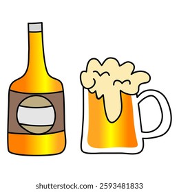 Simple beer bottle and beer mug doodles. Colorful hand drawn beer bottles and beer mugs.