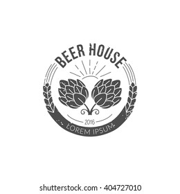 Simple beer house logo created in rough style. Hops and wheat vector illustration.