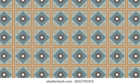 Simple beige and blue tile grid with floral daisies and decorative corners. Great for backgrounds with vintage charm.