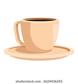 Simple beige coffee cup filled with dark coffee, resting on a matching saucer, isolated on white