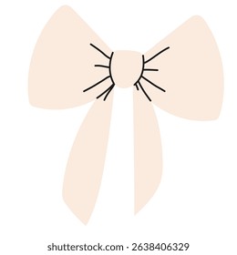Simple beige color bow, isolated on white background. Flat vector illustrations. Hand drawn ribbon decoration. Silk bow. Hair accessory. Bows for gift wrapping