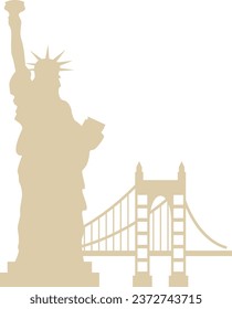 Simple beige flat silhouette of the American historical landmark monuments of the STATUE OF LIBERTY, NEW YORK CITY and GOLDEN GATE BRIDGE, SAN FRANCISCO