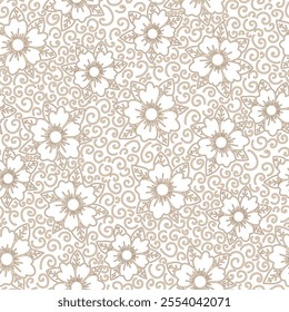 Simple beige flowers, white background. Seamless floral pattern-504.