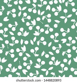 Simple berry pattern. Green background, white berry ornament. The print is well suited for textiles,Wallpaper,banners and packaging.
