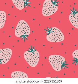 Simple berry pattern. light pink   strawberries and green dots.  pink background. Fashionable print for children's textiles and packaging.