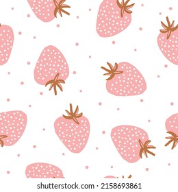 Patrón simple de bayas. fresas rosas. hojas y puntos marrones. fondo blanco. Impresión de moda para textiles, papel pintado y embalaje.