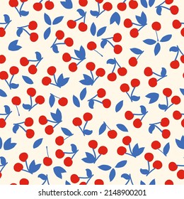 Simple berry pattern. Red cherry, blue leaves. White background. Fashionable print for textiles, wallpaper and packaging.