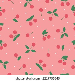 Simple berry pattern. small red cherry and white dots.  pink background. Fashionable print for kids textiles, wallpaper and packaging.