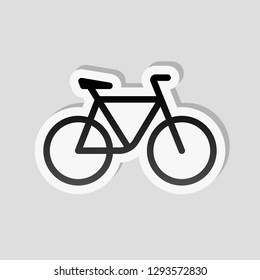 Simple bicycle, linear outline icon of bike. Sticker style with white border and simple shadow on gray background