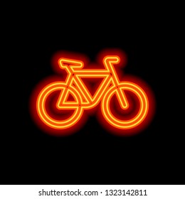 Simple bicycle, linear outline icon of bike. Orange neon style on black background. Light icon