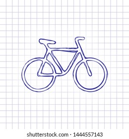 Simple bicycle, linear outline icon of bike. Hand drawn picture on paper sheet. Blue ink, outline sketch style. Doodle on checkered background