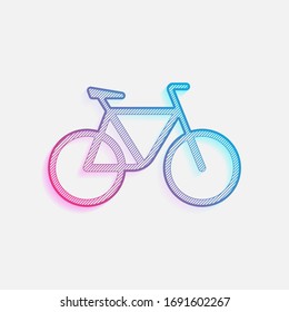 Simple bicycle, linear outline icon of bike. Colored logo with diagonal lines and blue-red gradient. Neon graphic, light effect