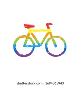 Simple bicycle, linear outline icon of bike. Drawing sign with LGBT style, seven colors of rainbow (red, orange, yellow, green, blue, indigo, violet