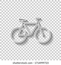 Simple bicycle, linear outline icon of bike. White outline sign with shadow on transparent background