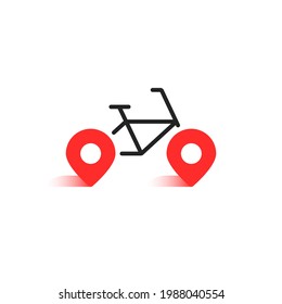 simple bicycle rental logo with geoloc pin. flat trend modern locator logotype graphic design element isolated on white background. concept of sharing economy in town or bike rent badge or moving