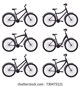 Simple bicycles silhouettes with different frames and handlebars, set. Vector illustration