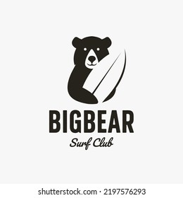 Simple Big Bear holding surfing board logo design, Surf logo vector illustration design
