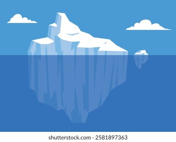 Simple big iceberg floating in ocean with huge underwater part, Underwater and above water landscape