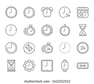 Simple big set of time related vector gray line icons. Contains such Icons as timer, speed, alarm, restore, time management, calendar and more. Vector illustration.