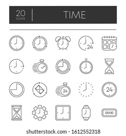 Simple big set of time related vector gray line icons. Contains such Icons as timer, speed, alarm, restore, time management, calendar and more. Top zone for title set. Vector illustration.