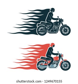 Simple biker pictogram emblem with a motorcycle racer and flames
