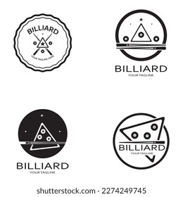 ilustración simple del logotipo de billares con bolas de billar y palos, diseño para billares, billares, billetes de competición, juegos de billar móviles, app, badge, billares deportivos, vector