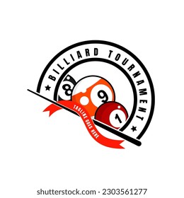 Simple ilustración de la plantilla del logotipo de billar con bolas de billar y palos, diseño para el negocio de los billares.