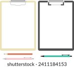 Simple binder frame and pens and pencil. Set of wooden binder and black binder.