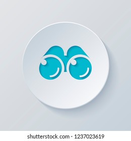 Simple binocular icon. Cut circle with gray and blue layers. Paper style
