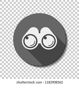 Simple binocular icon. flat icon, long shadow, circle, transparent grid. Badge or sticker style