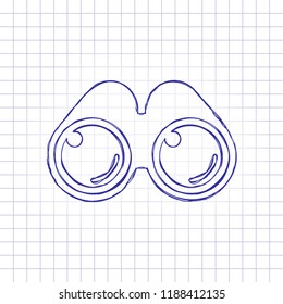 Simple binocular icon. Hand drawn picture on paper sheet. Blue ink, outline sketch style. Doodle on checkered background