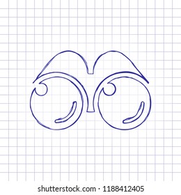 Simple binocular icon. Hand drawn picture on paper sheet. Blue ink, outline sketch style. Doodle on checkered background