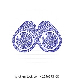 Simple binocular icon. Hand drawn sketched picture with scribble fill. Blue ink. Doodle on white background