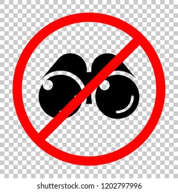 Simple binocular icon. Not allowed, black object in red warning sign with transparent background