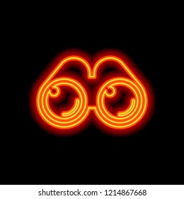 Simple binocular icon. Orange neon style on black background. Light icon