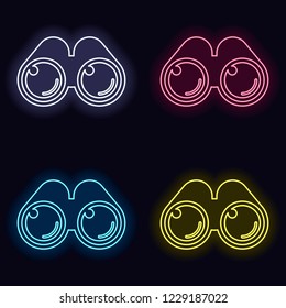 Simple binocular icon. Set of neon sign. Casino style on dark background.