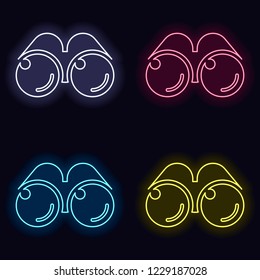 Simple binocular icon. Set of neon sign. Casino style on dark background.