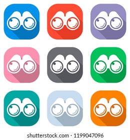 Simple binocular icon. Set of white icons on colored squares for applications. Seamless and pattern for poster