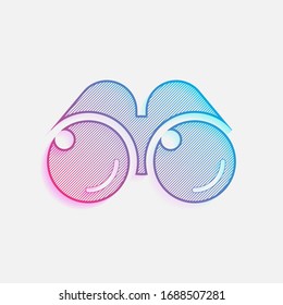 Simple binocular icon. Technology logo with diagonal lines and colored gradient. Neon graphic, light effect. Blue and red colors