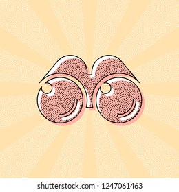 Simple binocular icon. Vintage retro typography with offset printing effect. Dots poster with comics pop art background