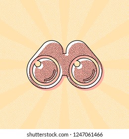 Simple binocular icon. Vintage retro typography with offset printing effect. Dots poster with comics pop art background