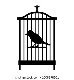 A simple bird in a cage. Black and white silhouette, object on white background, isolated, simple, stylized