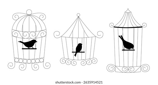 Gaiolas de pássaro simples conjunto em mão desenhado doodle linha arte estilo coleção de vetor de gaiolas de metal para pássaros esboçado casa de estimação ilustração para decoração e design