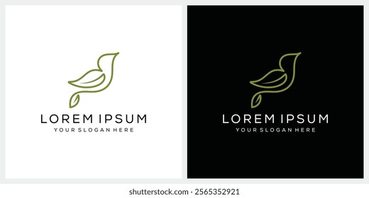 simple bird and green leaf logo design, art line graphic vector