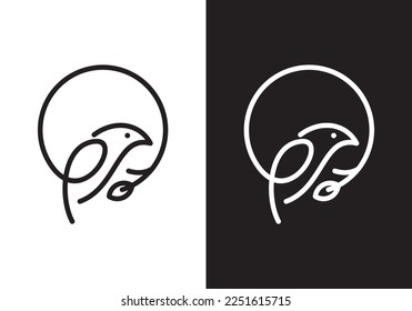 simple bird with leaf logo design. circle finch line art style creative abstract vector illustration.
