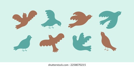 Simple bird logo. Organic art. Flying doves. Silhouette sparrows. Winged animals. Botanical spring leaves. Hand drawn monogram. Natural simplicity. Vector abstract utter elements set