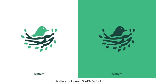 Logotipo simple del nido del pájaro. Casa de pájaro frondoso de Naturaleza con estilo de contorno lineal. Nest Logo, Icono, Símbolo, Vector, Inspiración de diseño.