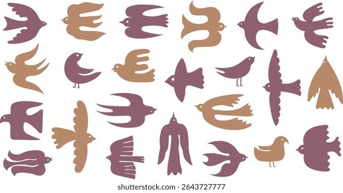 Simple bird silhouettes. Flying dove, abstract pigeon, minimalist sparrow and swallow figure. Peace and freedom birds scandinavian style decorative vector icons set.